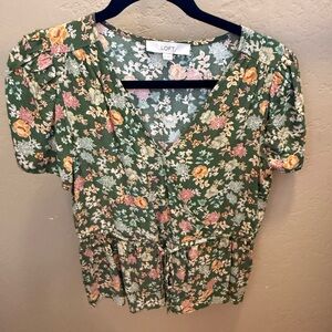 LOFT Floral Blouse with Green and Yellow Accents